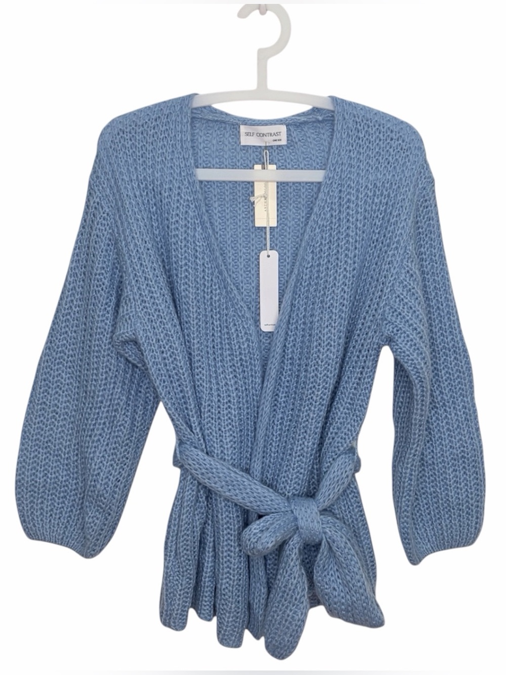 SELF CONTRAST Chunky Knit Tie Belt Wrap Cardigan Sweater Blue One Size OS NWT